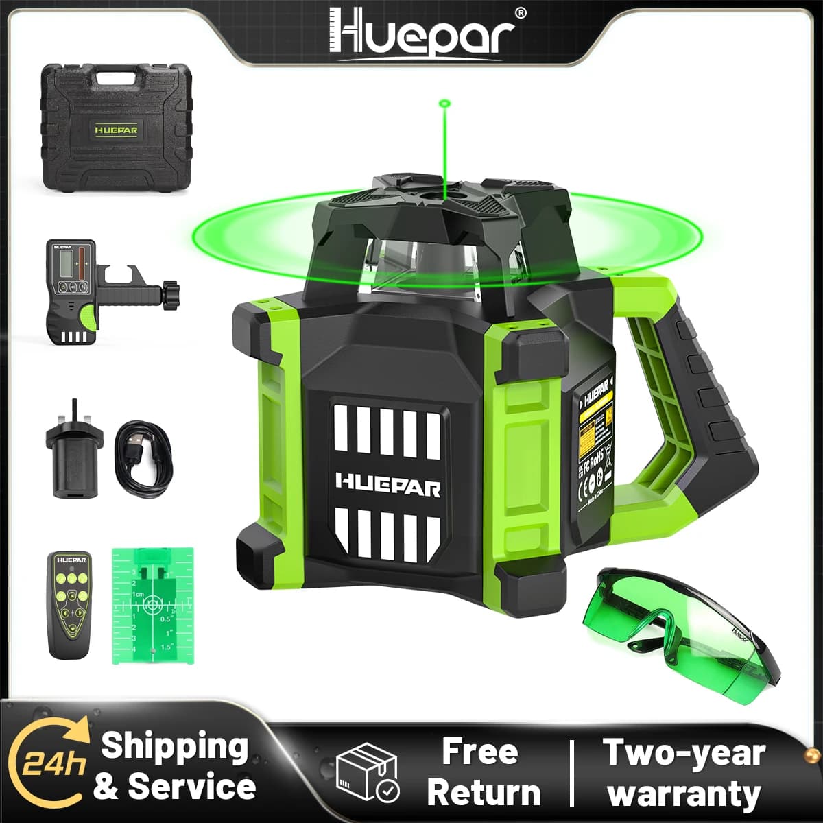 Rotary Laser Level | Green Beam with Plumb Points | Remote Control & Receiver Kit - Thumbnail 2