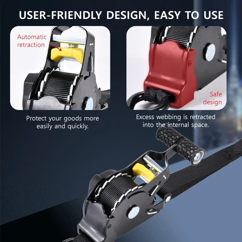 Heavy Duty Ratchet Tie Down Straps | Automatic Retractable | Cargo & Transport - Thumbnail 4