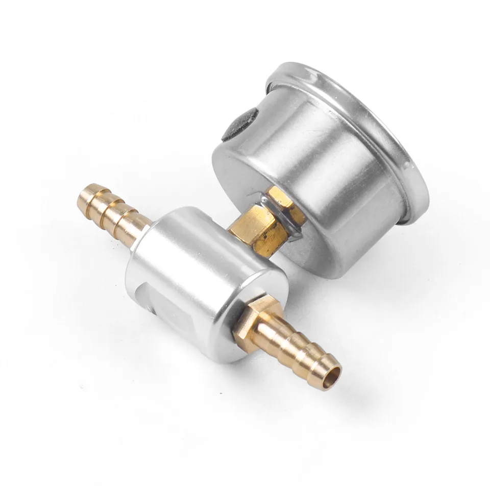 A universal 1/8 NPT liquid-filled fuel pressure gauge with a polished case and an adapter kit, measuring Psi, Bar, and kg/cm².