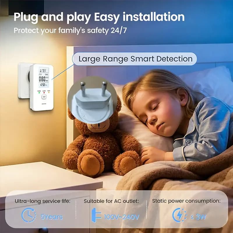 4-in-1 Carbon Monoxide Detector | CO & Natural Gas Alarm | Plug-in Temp & Humidity - Thumbnail 5