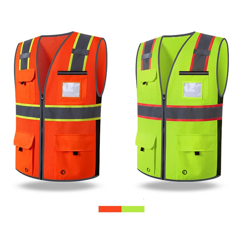 Hi Vis Vest: Two safety vests, different colours, on a white background, showing product variants.