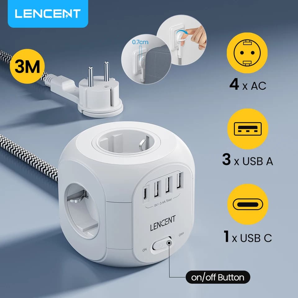 LENCENT Power Cube Extension Lead | 4 AC, 3 USB, Type C | 3M Cable with Switch - Thumbnail 3