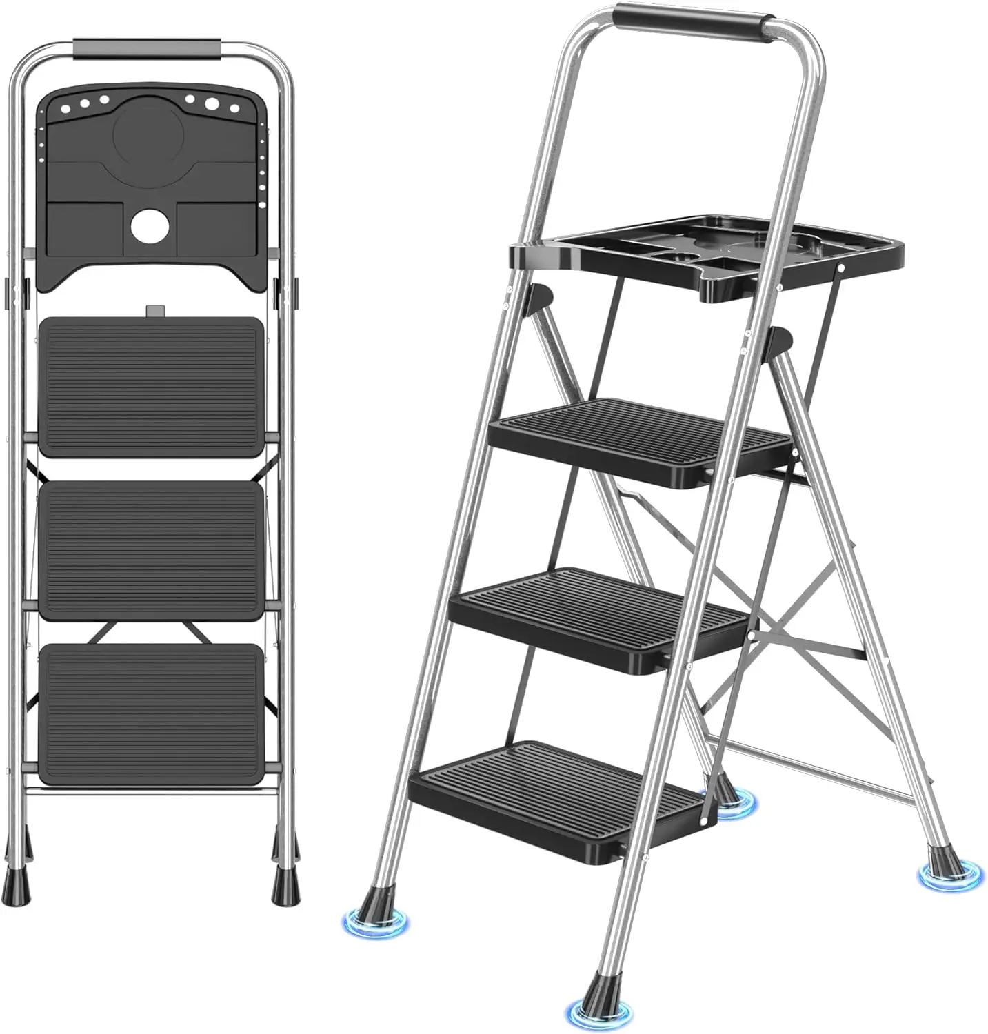 A 3-step folding ladder with integrated tool tray, featuring non-slip steps and a 600-pound weight capacity. Designed for portable home use.