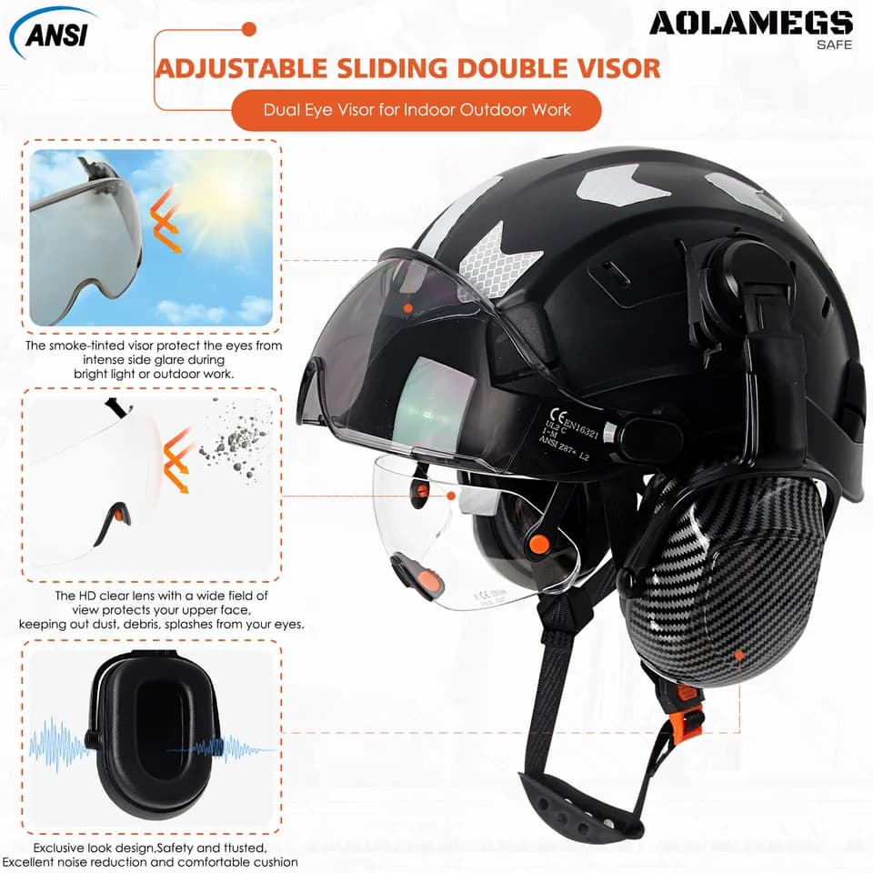 Carbon Fibre Hard Hat | Integrated Visor & Goggles | Noise Reduction Earmuffs - Thumbnail 4