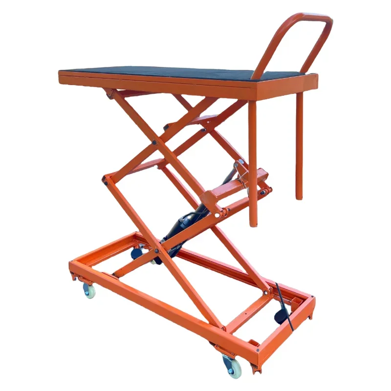 Electric hydraulic lifting stool with foot pedal, movable trolley for wall plastering and tile installation on industrial flatbed.