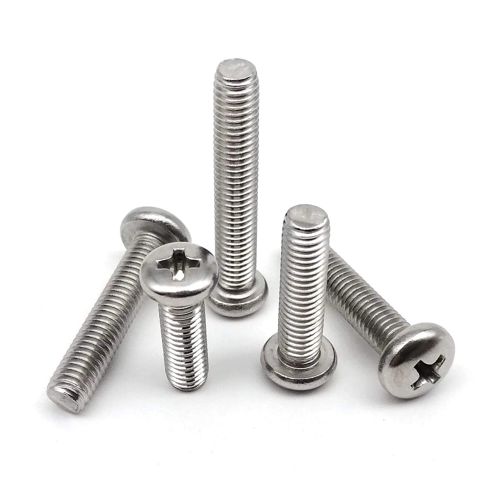 Stainless steel Phillips pan head screws in metric sizes M2 to M8, with lengths ranging from 5mm to 100mm for versatile applications.