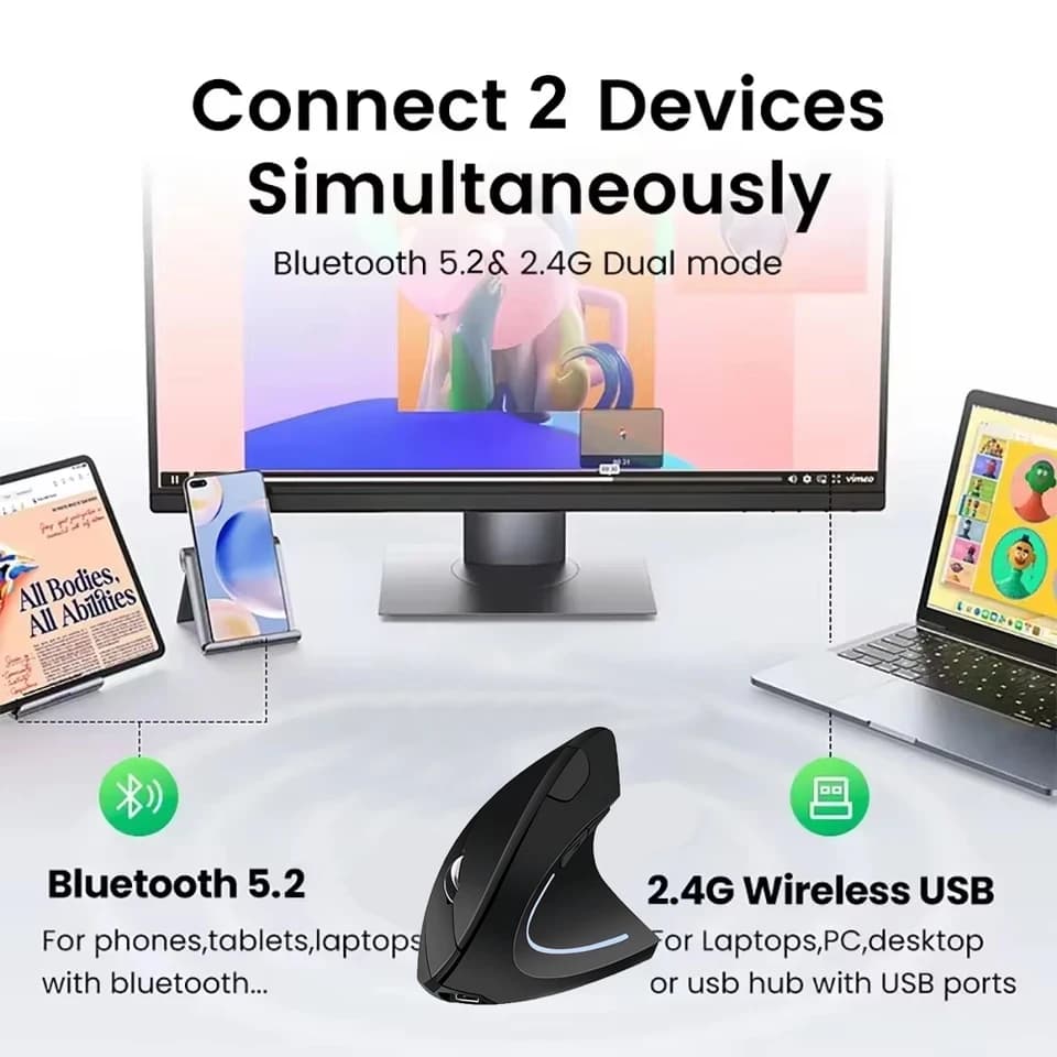 Ergonomic Mouse Dual Mode Wireless | 2.4G Bluetooth RGB 1600 DPI | Silent for PC Laptop - Thumbnail 4