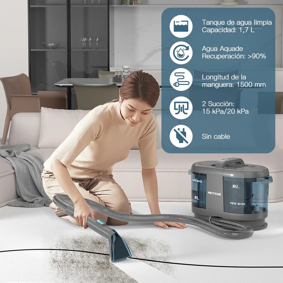 PrettyCare PC808 Carpet Cleaner with Spot Cleaner | 1.4m Hose, 30min Runtime | Wet Sprayer for Sofa & Car - Thumbnail 3