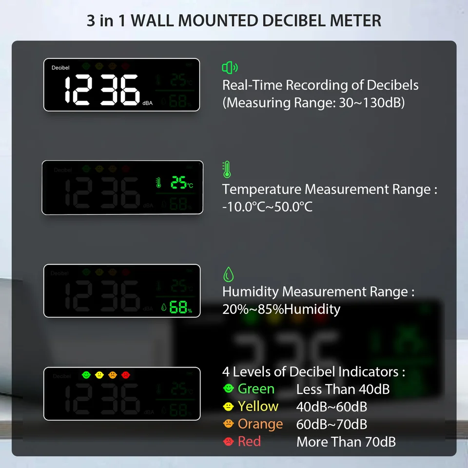 Decibel Meter | Large LED Display | Noise, Temp & Humidity Monitor - Thumbnail 3