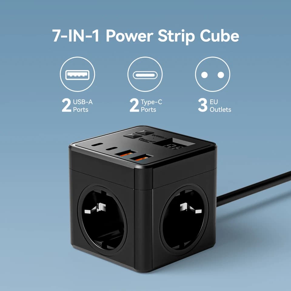 7-in-1 Power Extension Lead | Surge Protected 3 AC 3 USB 1 Type-C | 1.5m Timed Desktop Charging - Thumbnail 2