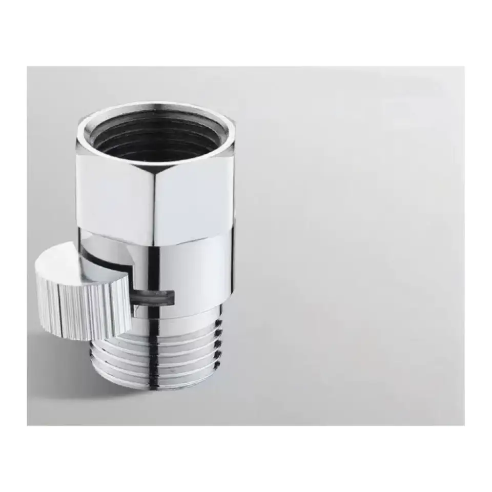 Brass Bathroom Shower Flow Control Valve, chrome-plated fitting on light grey.