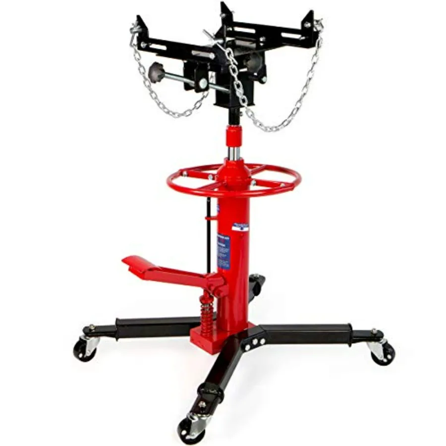 Red and black heavy duty 1/2 ton hydraulic transmission jack with telescopic lift and 2-stage pump for safe vehicle repair.