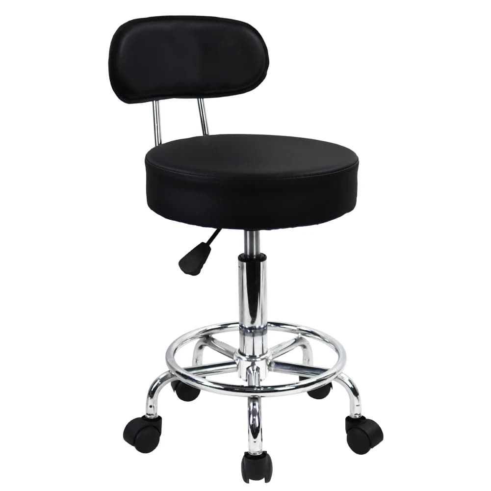 PU leather rolling stool with mid-back support, adjustable height, and built-in footrest for drafting tables or task seating.