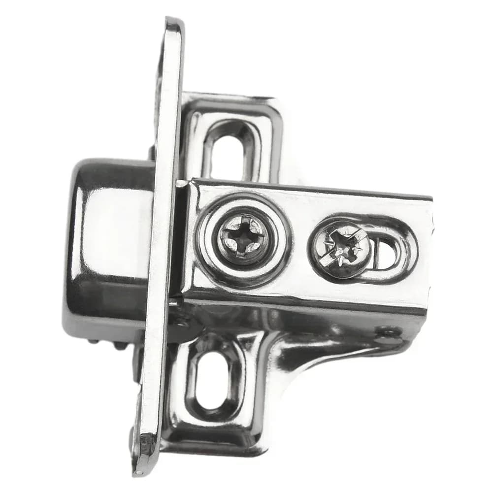 Single cold-rolled steel cupboard hinge with electroplated finish, designed for high hardness applications in cabinets, doors, and caravans.