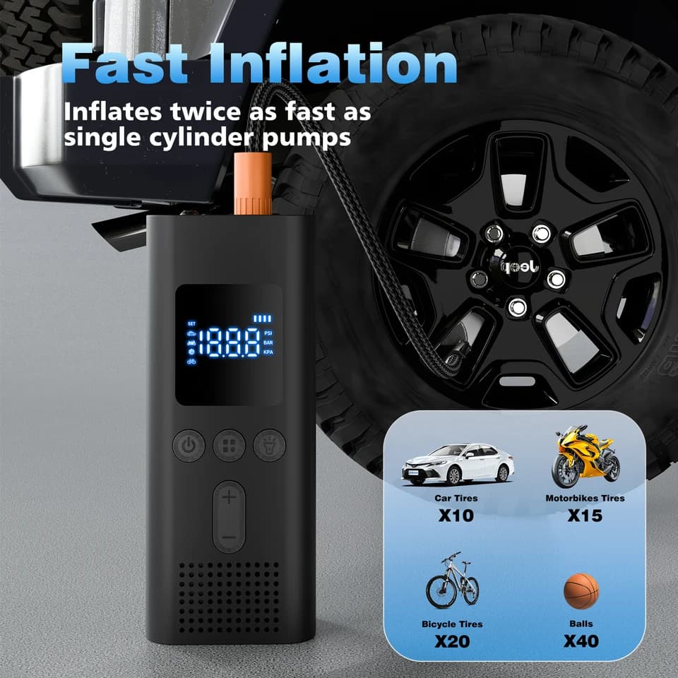 Digital Tyre Inflator | Cordless 150PSI Air Pump | Car & Bike Compressor - Thumbnail 3