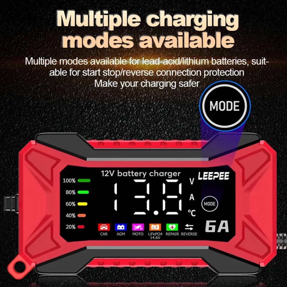 Car Battery Charger 12V 6A Digital | Pulse Repair & Display | Overvoltage Protection - Thumbnail 3