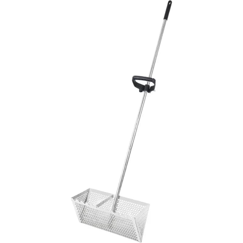 Sand flea rake with detachable shark tooth screen and 16-foot-wide drain screen, featuring a 51-inch handle for beach use.