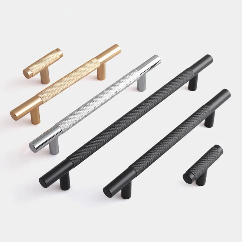 Round rod knurled aluminum alloy furniture handle with carved detailing for cupboard, wardrobe, and cabinet doors.