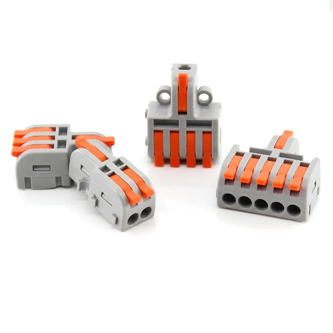 Universal push-in wiring connector terminal block for home electrical projects, combining multiple wires into one connection point.