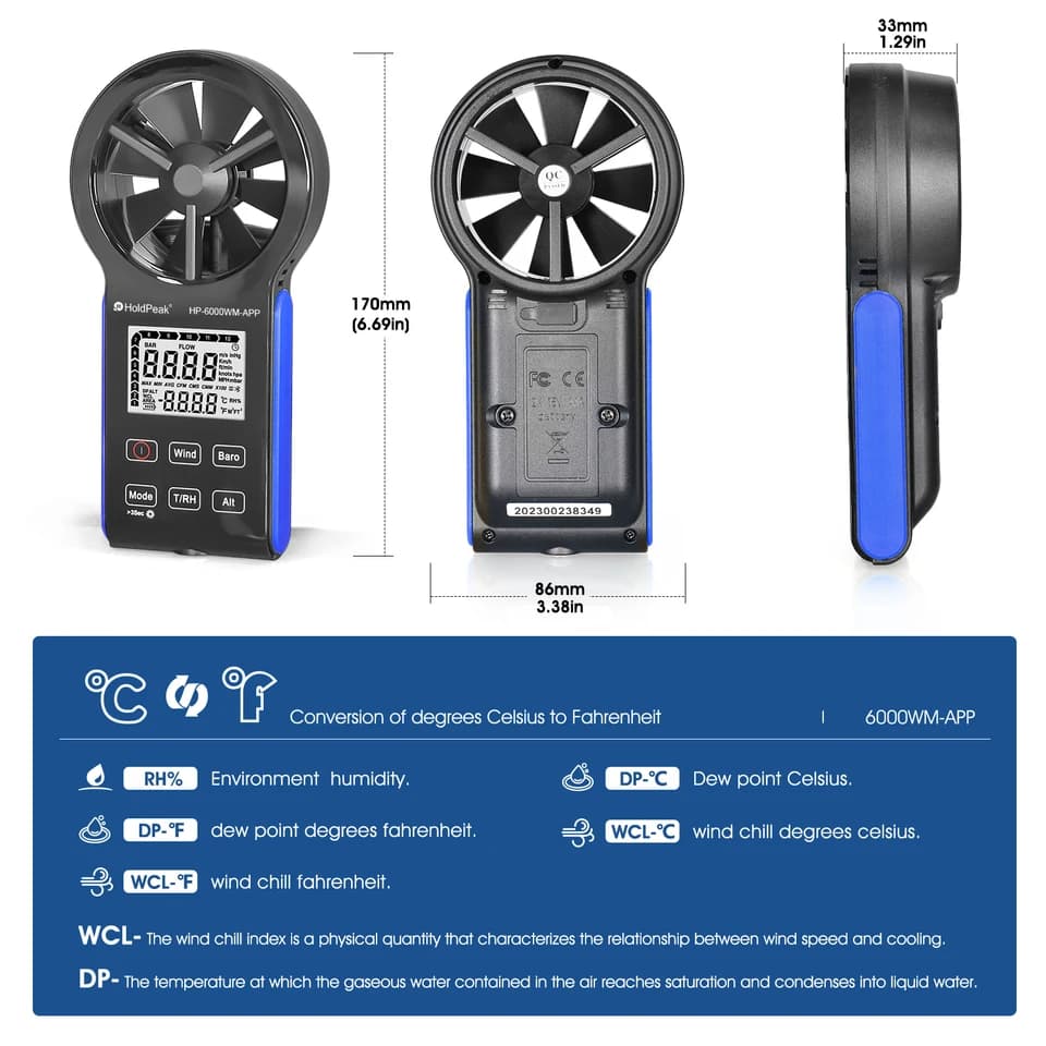HoldPeak 6000-WM-APP Anemometer | Bluetooth Wind Flow Meter | Waterproof & Dustproof - Thumbnail 2