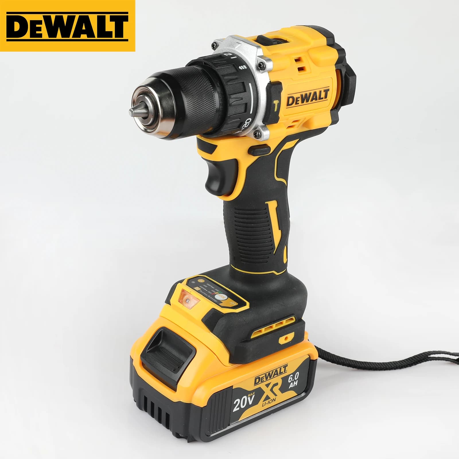 DEWALT DCD805 20V Max cordless impact drill with brushless motor, showing the tool, battery, and charger on a workbench.