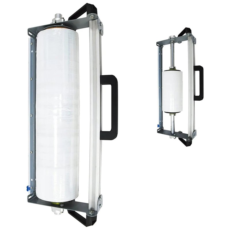 Manual stretch film wrapping machine with ergonomic handle, cuttable film puller, and adjustable 30-50cm packing support.