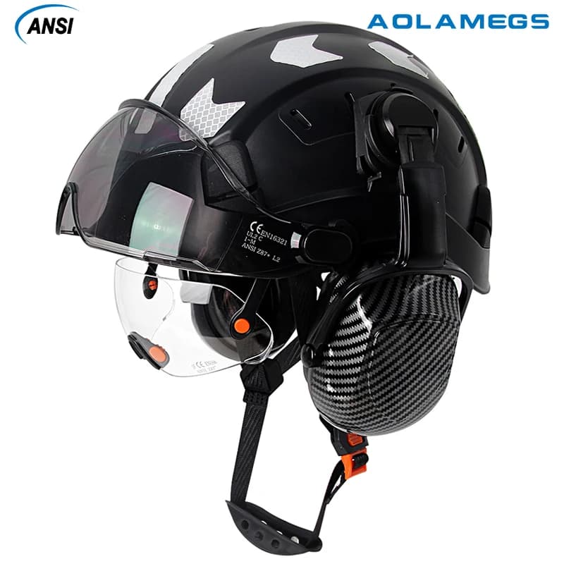 Carbon Fibre Hard Hat | Integrated Visor & Goggles | Noise Reduction Earmuffs - Thumbnail 2