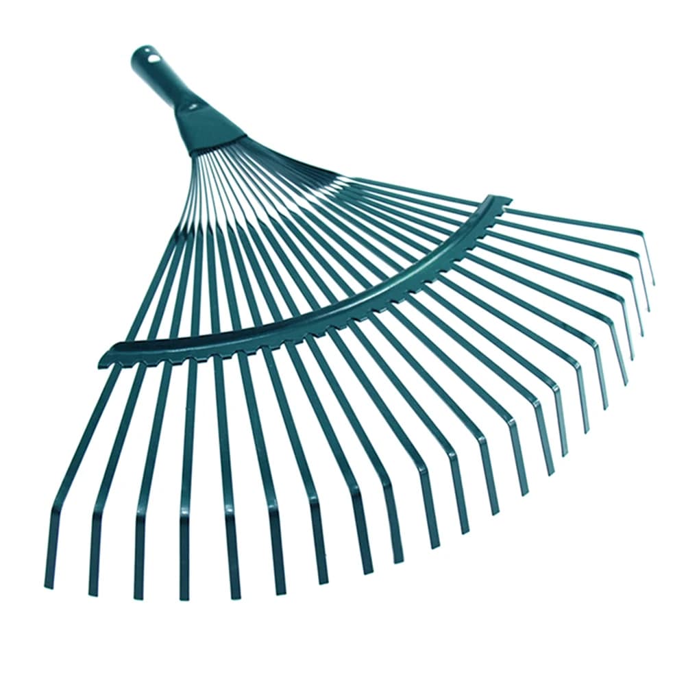 Durable 22-tooth iron garden leaf rake for gardeners and landscapers, designed for raking grass, leaves, and potting soil.