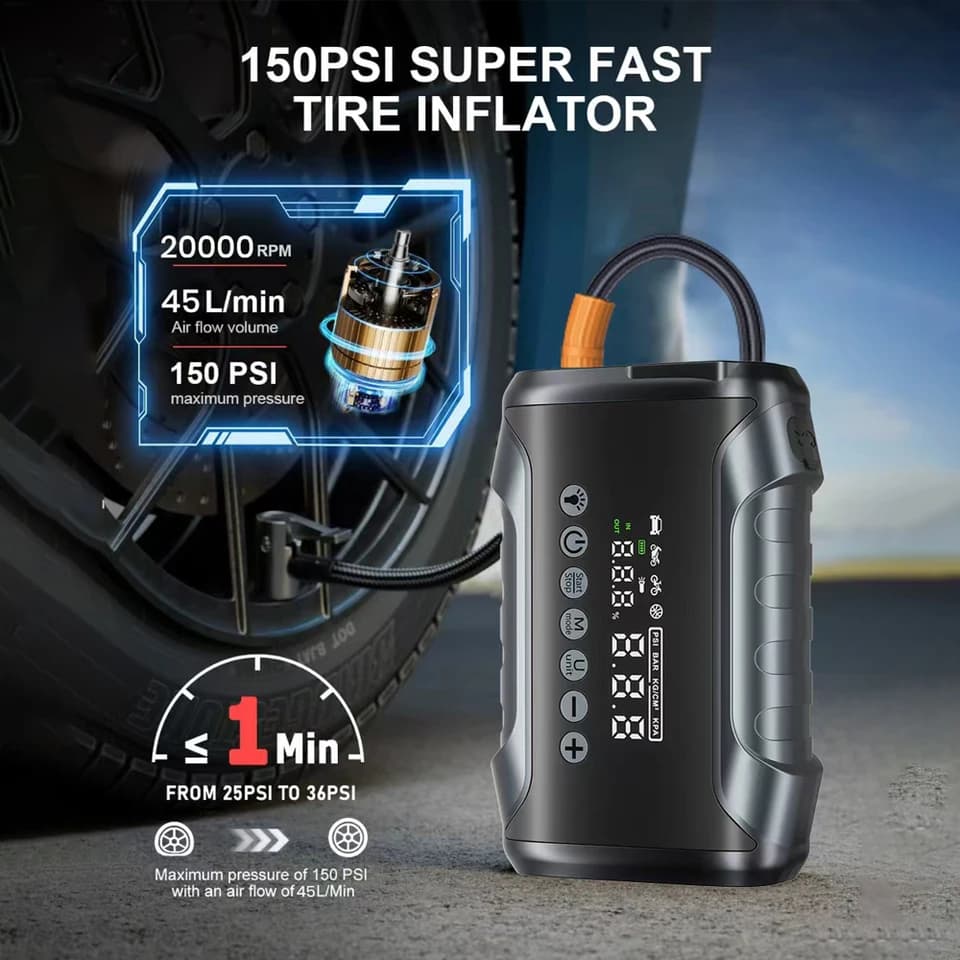 5000A Jump Starter with Air Compressor | 150PSI Tire Inflator | Power Bank - Thumbnail 5