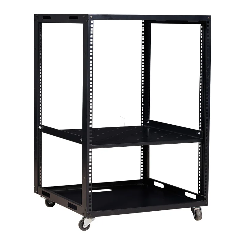 Open server rack cabinet in 12U, 42U, and 9U sizes, constructed from heavy-duty steel for data center or outdoor network installation.