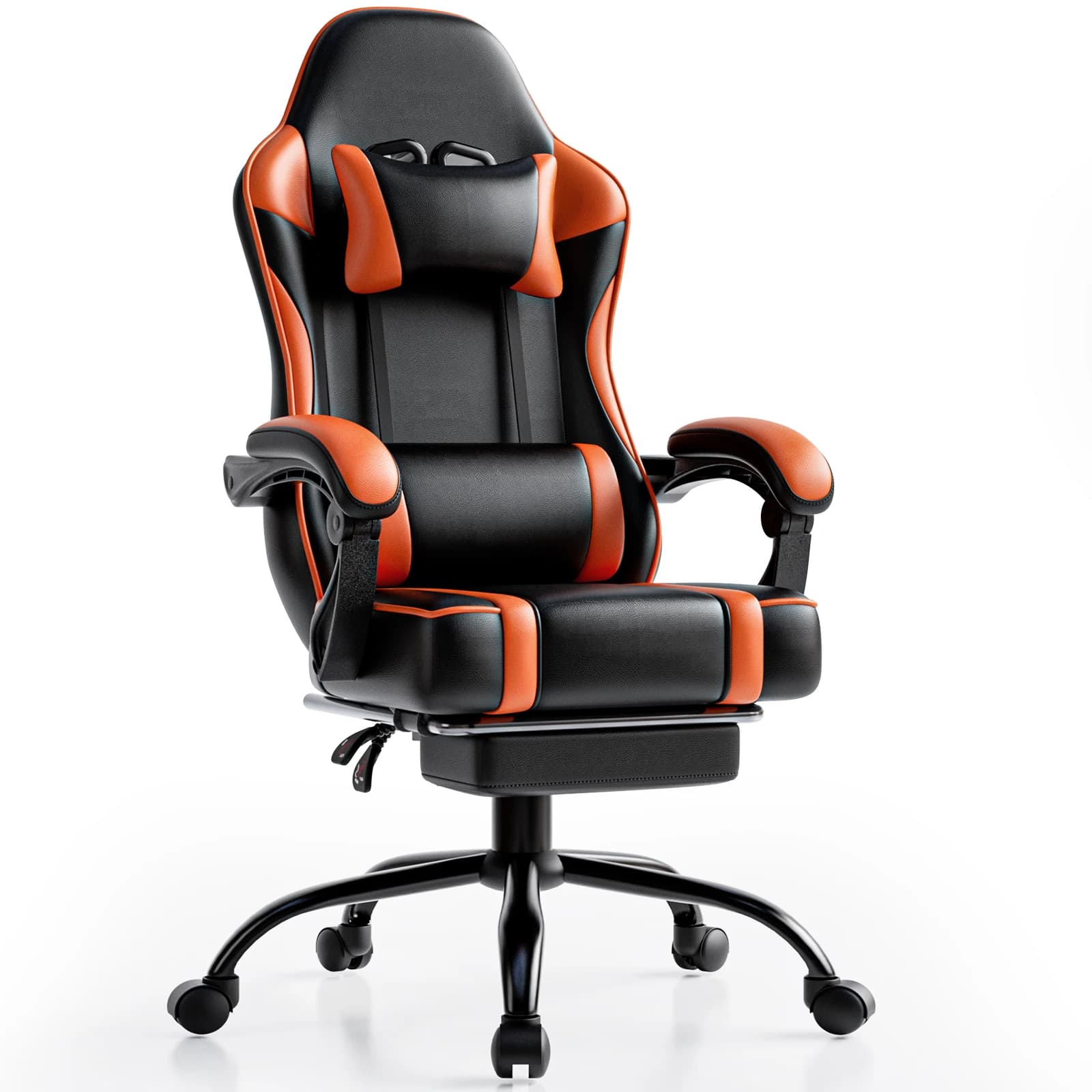 Gaming chair with retractable footrest, PU leather upholstery, and reclining function for adults, suitable as a video game or office desk chair.