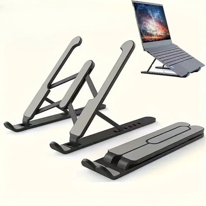 Foldable Laptop Stand collage: multiple views, folded, unfolded, in use.