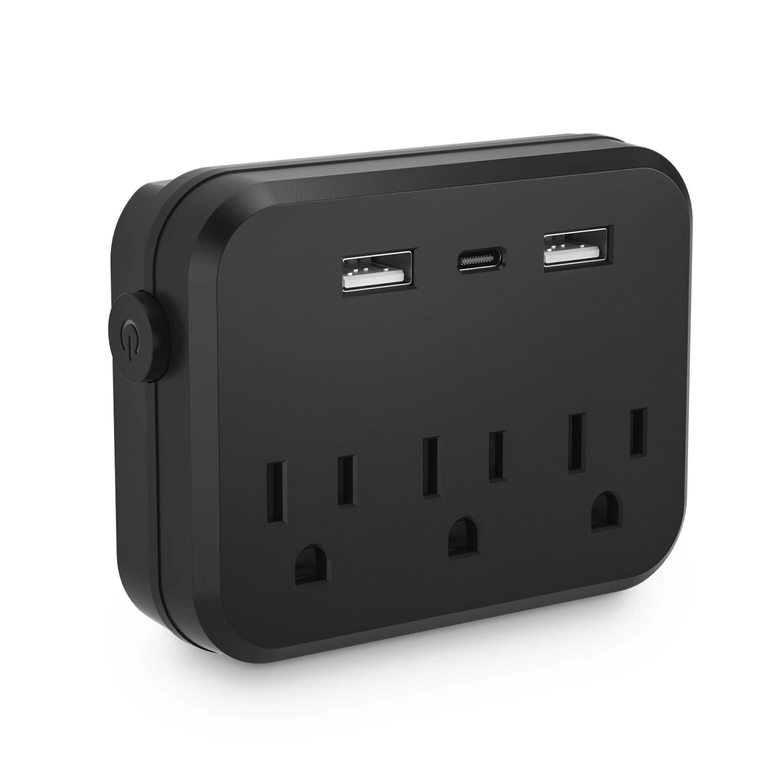 TRANSTON US 6-in-1 Mini Portable Power Strip with surge protector, featuring 3 AC outlets, 2 USB-A ports, and 1 USB-C charging port.