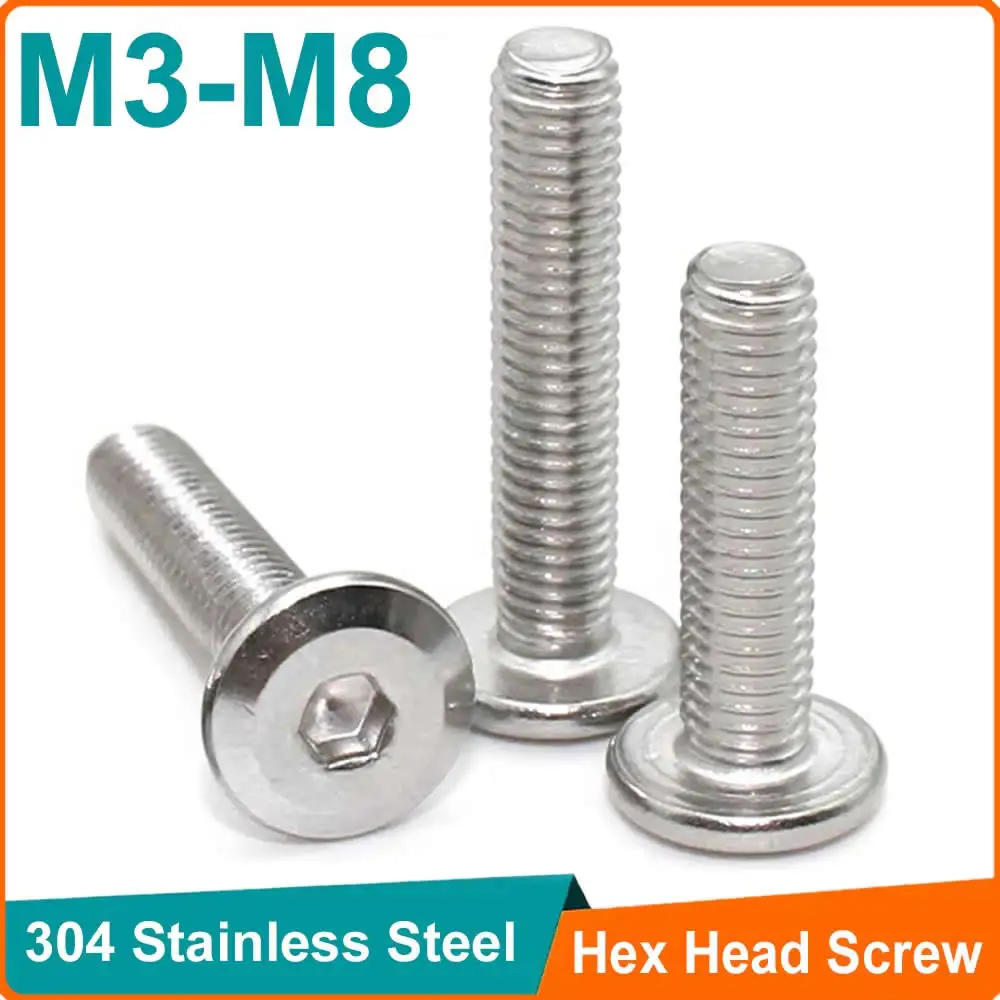 Set of 10 large flat hex socket head Allen screws in 304 stainless steel, sizes M3 to M8, for furniture screw connector and joint applications.