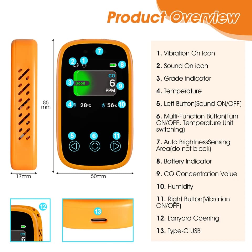 Carbon Monoxide Detector | Temp & Humidity Sensor | Portable Air Quality Monitor - Thumbnail 3