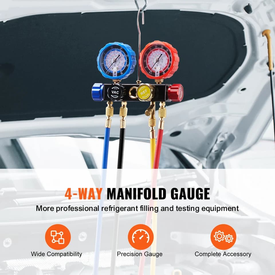 AC Recharge Kit | 4-Way Manifold Gauge Set with 5ft Hoses | R134a R410a - Thumbnail 2