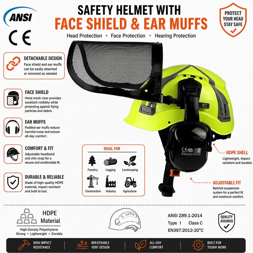 Forestry Hard Hat | 3-in-1 Chainsaw Safety | Mesh Visor & Earmuffs - Thumbnail 5