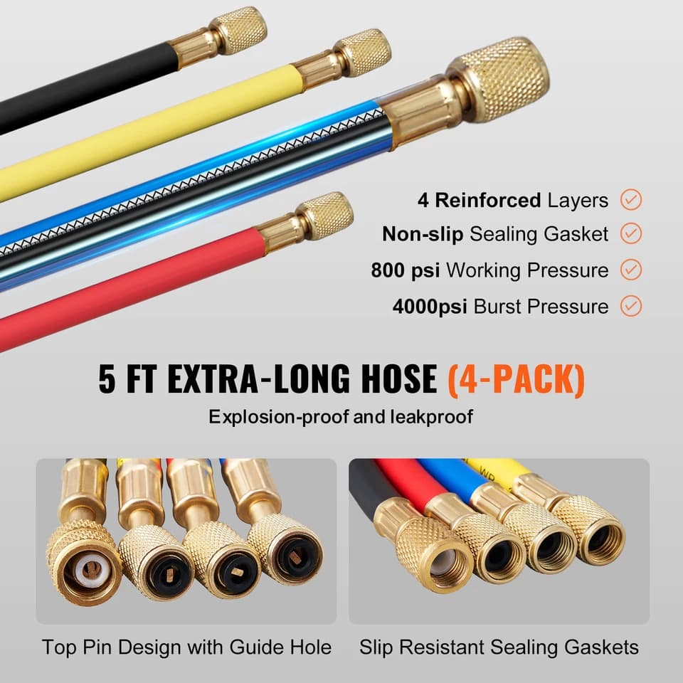 AC Recharge Kit | 4-Way Manifold Gauge Set with 5ft Hoses | R134a R410a - Thumbnail 4