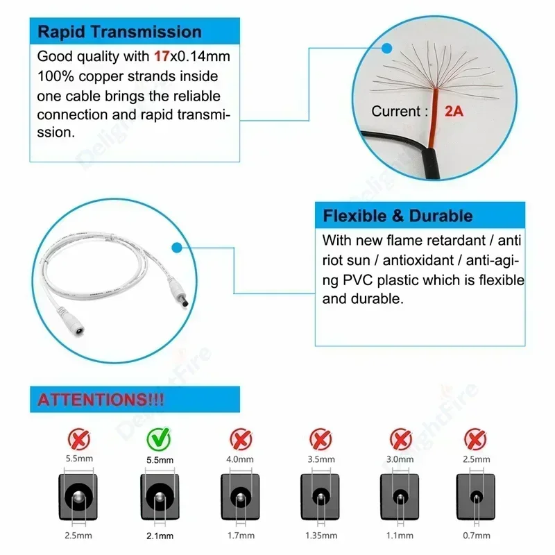 12V DC Extension Lead | Male to Female Power Cable | 5.5mm x 2.1mm CCTV Plug - Thumbnail 3
