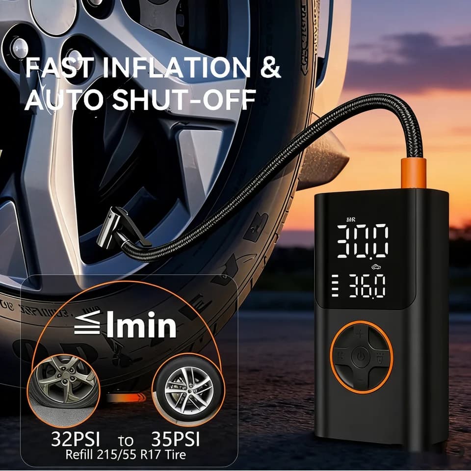Digital Tyre Inflator for Car | Cordless 150 PSI Air Pump | LED Light & Gauge - Thumbnail 4