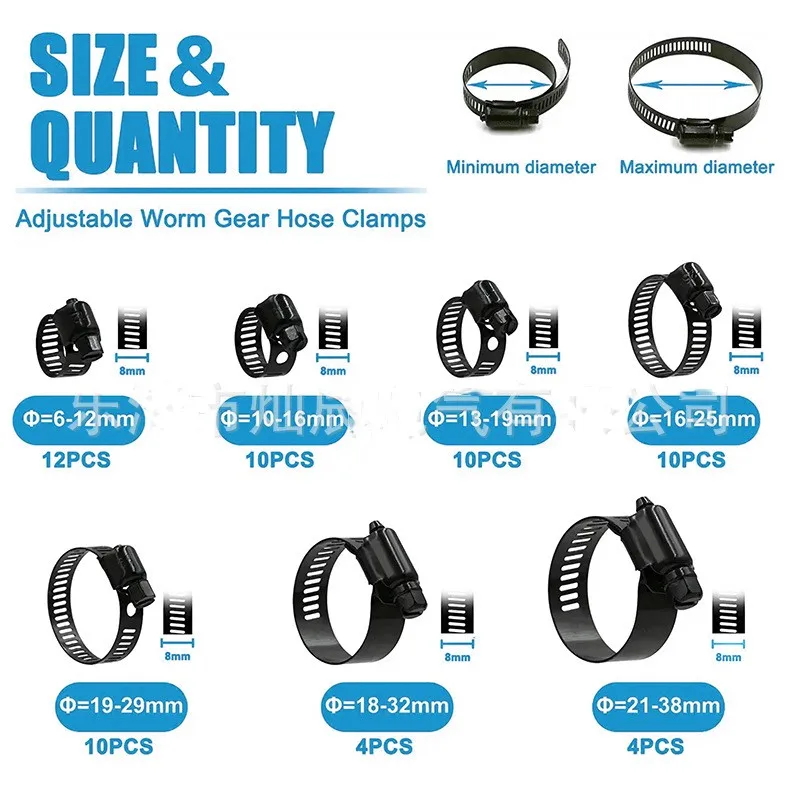 60pc Jubilee Clips Kit | Adjustable 6-38mm Stainless Steel | Worm Gear Hose Clamps - Thumbnail 4