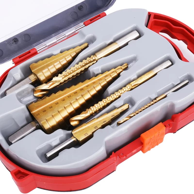 6-piece titanium step drill bit set with hexagonal shanks and straight groove design for precise metal drilling and milling.