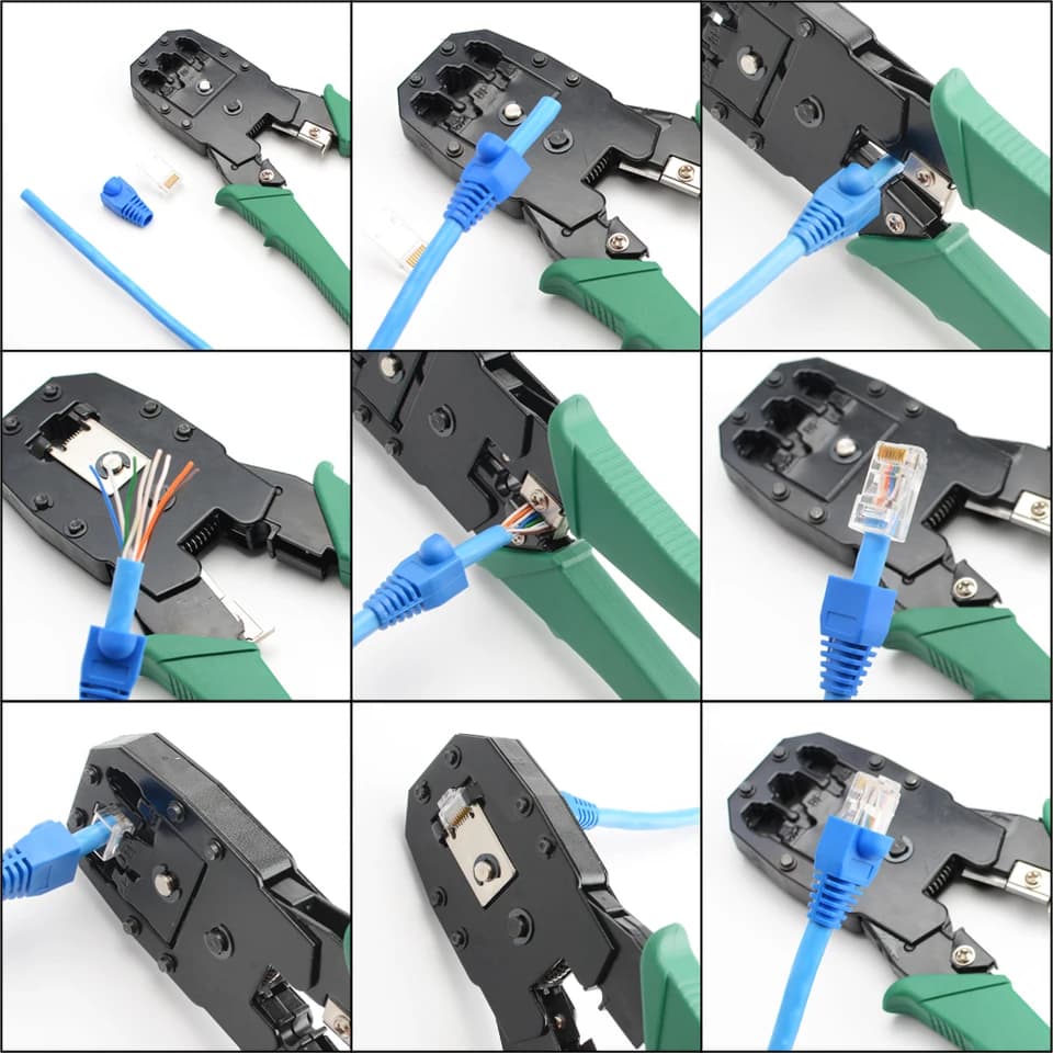 RJ45 RJ11 RJ12 Crimping Tool Kit: multi-step process for using the crimping tool.