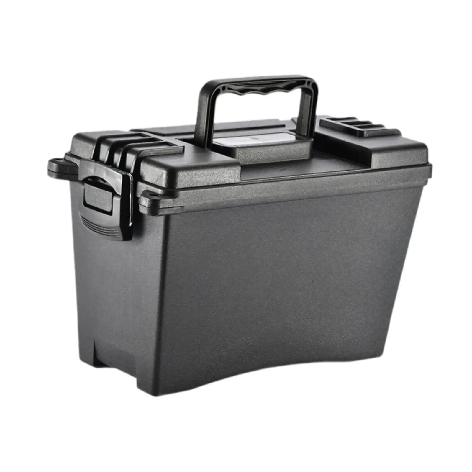 Black plastic storage box with lid for moisture-proof organization of hardware, automotive tools, or outdoor equipment.