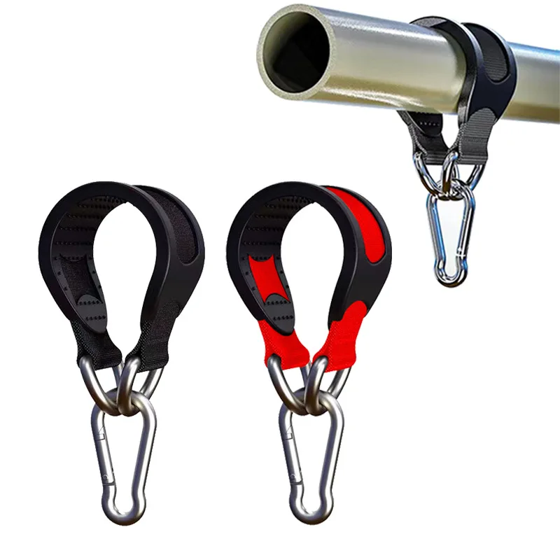 Black nylon sling with metal hook, a versatile gym accessory for securing sandbags, boxing equipment, and hammocks during workouts.