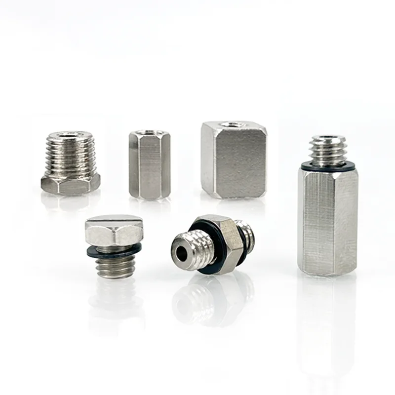 Brass pneumatic straight elbow tee tube fittings with M3 M5 M6 and 1/8 inch internal threads for quick connector systems.