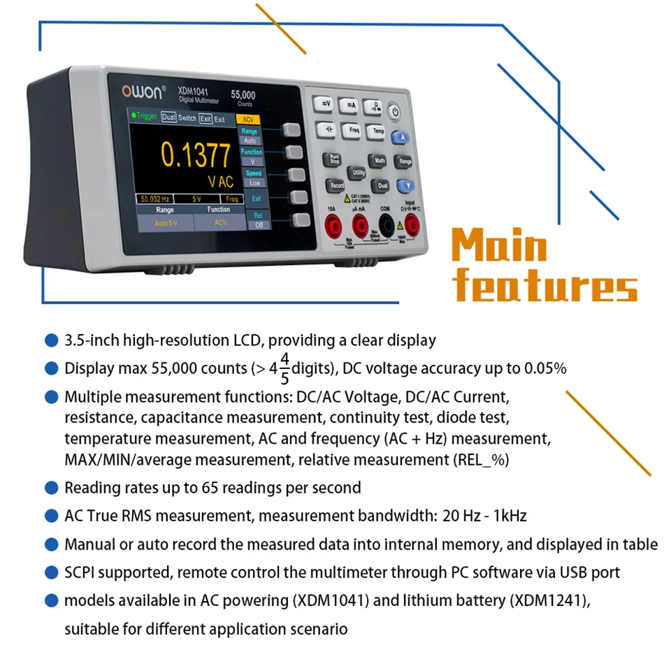 OWON XDM1041 XDM1241 Multimeter | 55000 Count True RMS | Benchtop LCD Voltmeter - Thumbnail 4