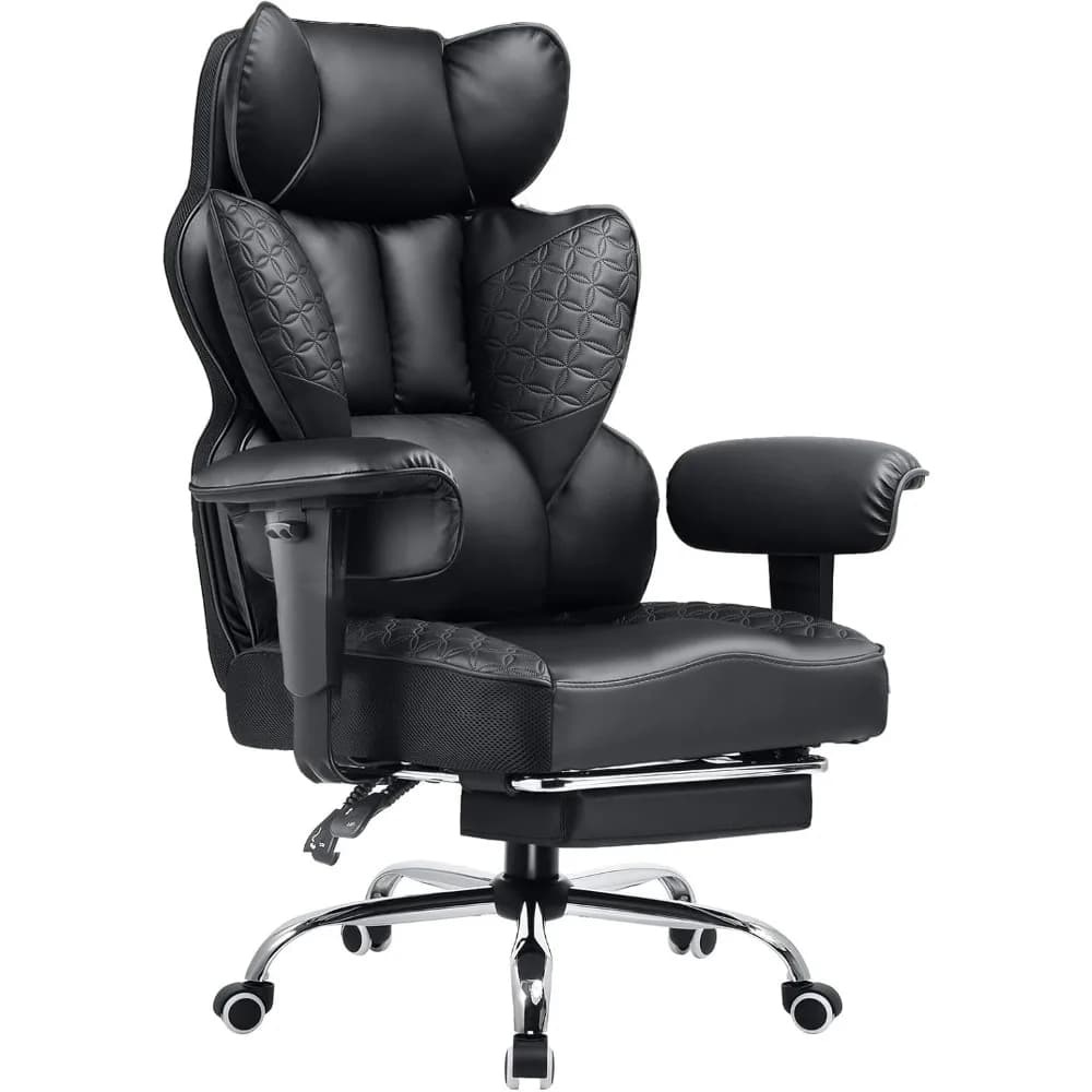 Big and tall ergonomic gaming chair with deluxe embossed leather, footrest, 150-degree recline, and 400 lb weight capacity for extended use.