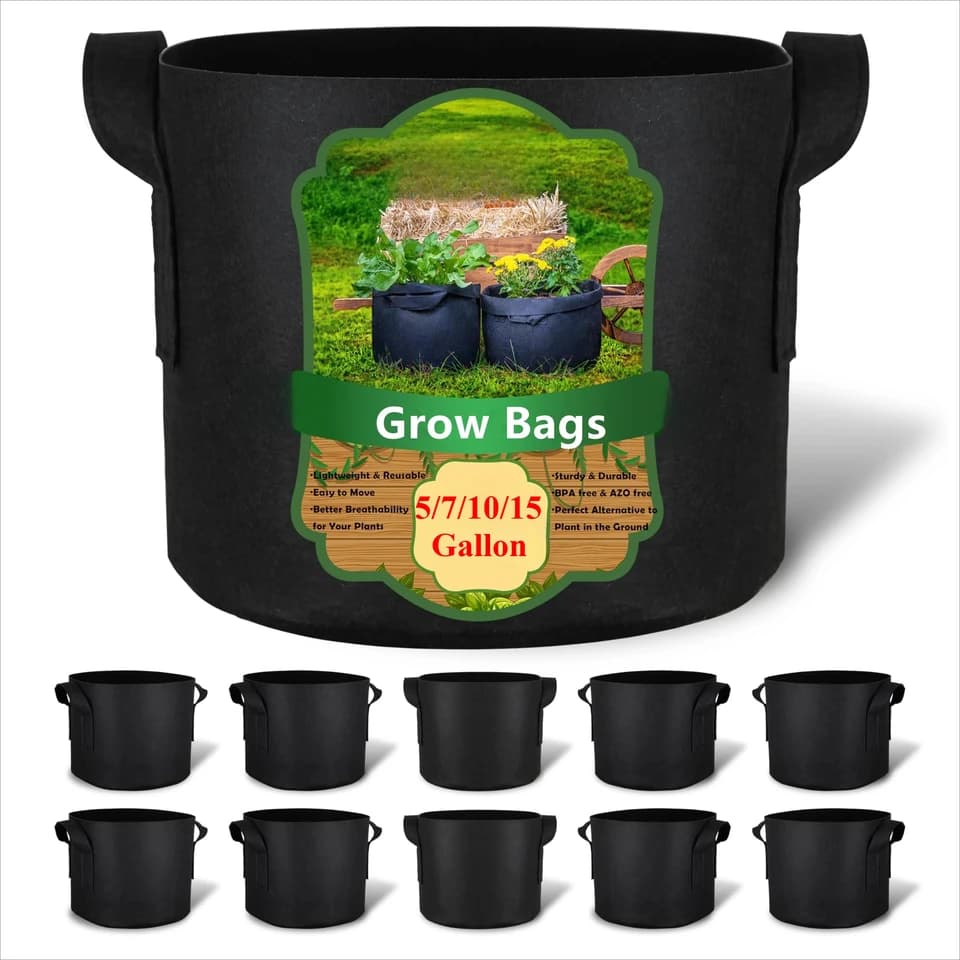 Grow Vegetable Bags | 5-20 Pack | 5/10/15 Gallon Fabric Pots with Handles - Thumbnail 6