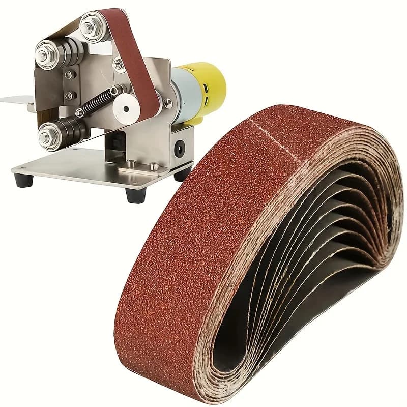 30x330mm Sanding Belts: mini belt sander with a roll of sanding belts on white background.